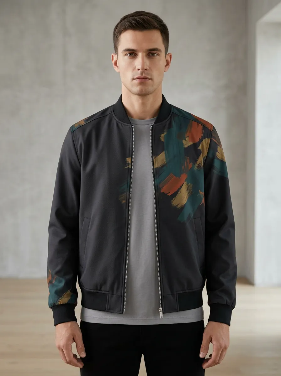 Brushstroke Print Sleeve Detail Bomber Jacket
