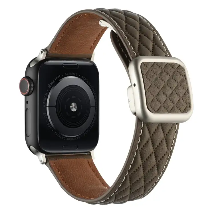 Rhombus Pattern Magnetic Square Buckle Leather Watch Band for Watch Series 9 45 mm - Brown