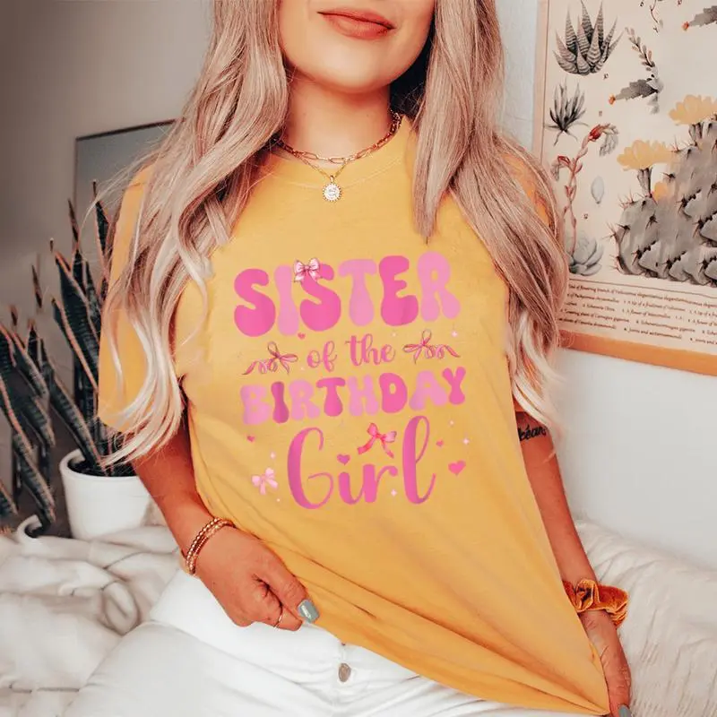 Sister Of Birthday Girl Pink Coquette Bow Family Matching Women's Oversized Comfort T-Shirt