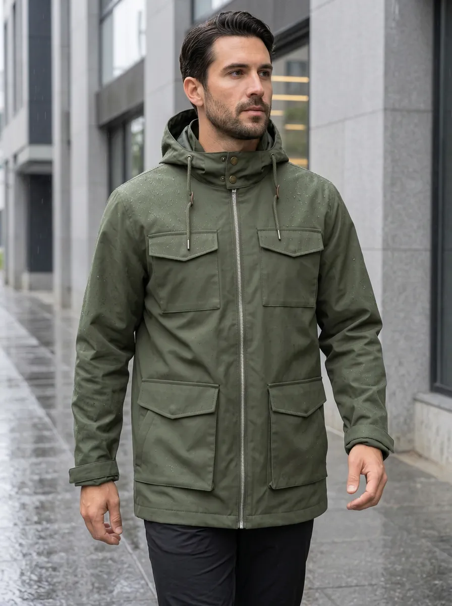 Men's Olive Green Hooded Utility Waterproof Jacket