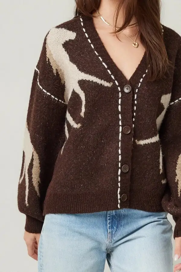 Women's Brown Horse Pattern Knit Cardigan
