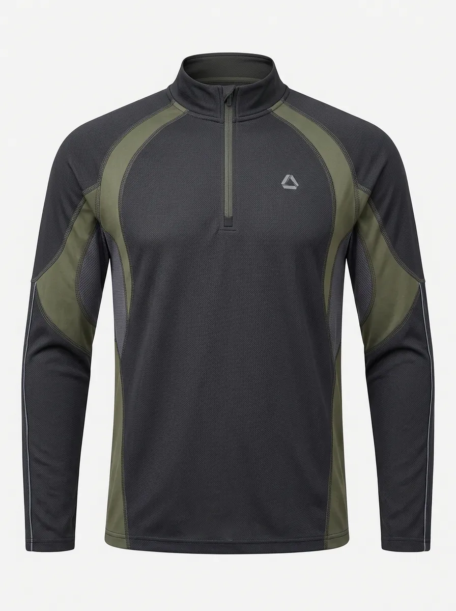 Men's Sporty Outdoor Olive Green Contrast Panel Quarter Zip Shirt
