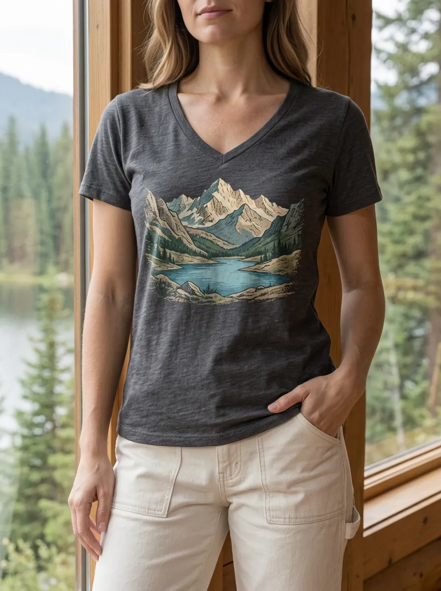 Women's Wilderness Nature Lover Mountain Lake V-Neck T-Shirt