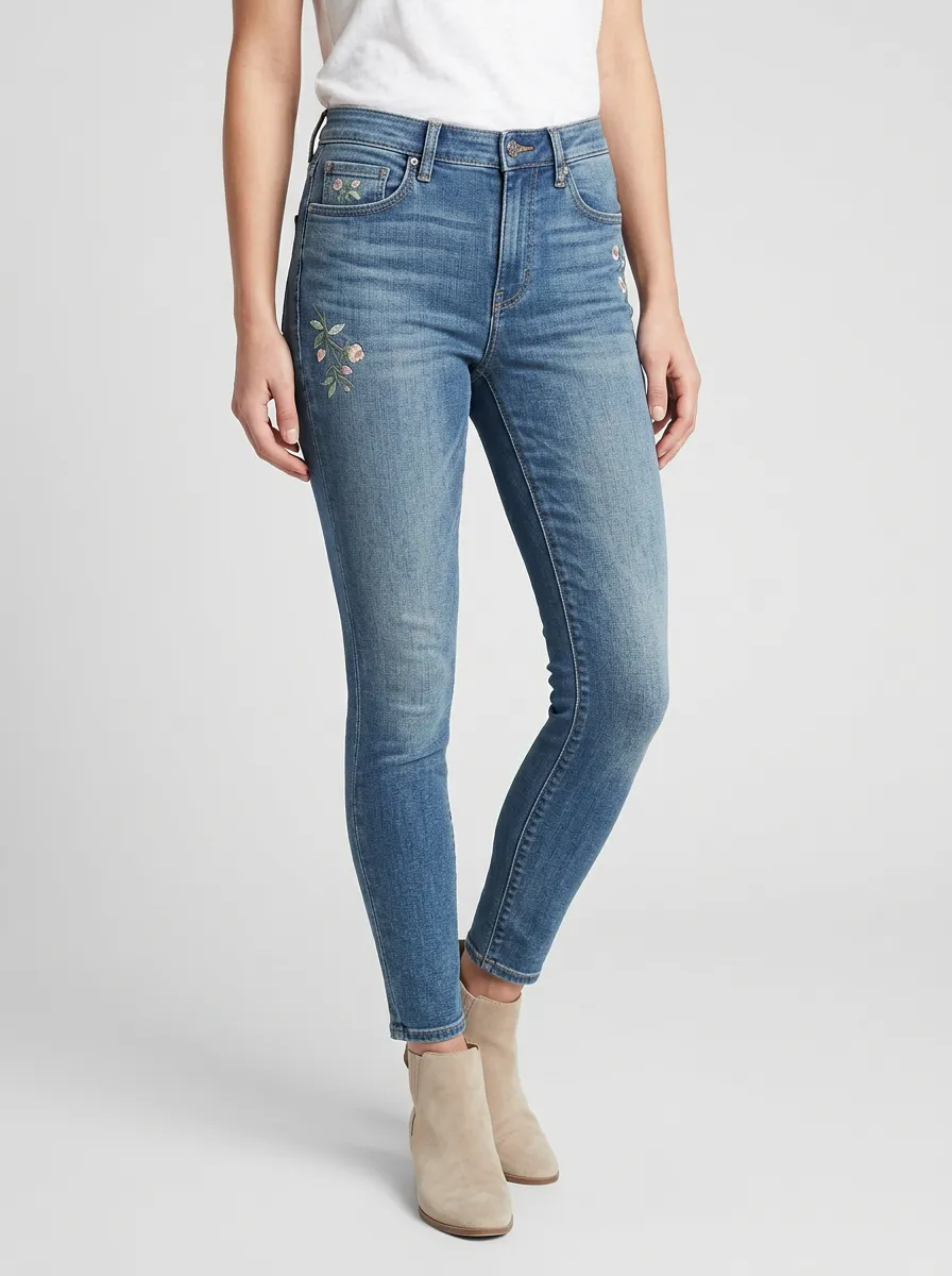 Women's Floral Embroidered Blue-Wash Denim Graphic Slim Jeans