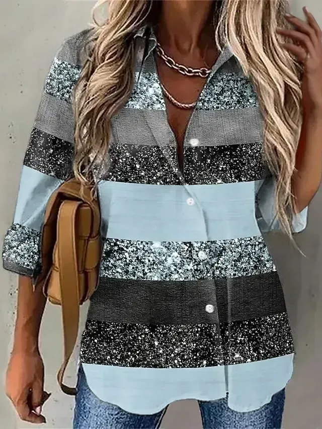 Women's Blouse Shirt Green Blue Purple Graphic Striped Button Print Long Sleeve Daily Weekend Streetwear Casual Shirt Collar Regular S