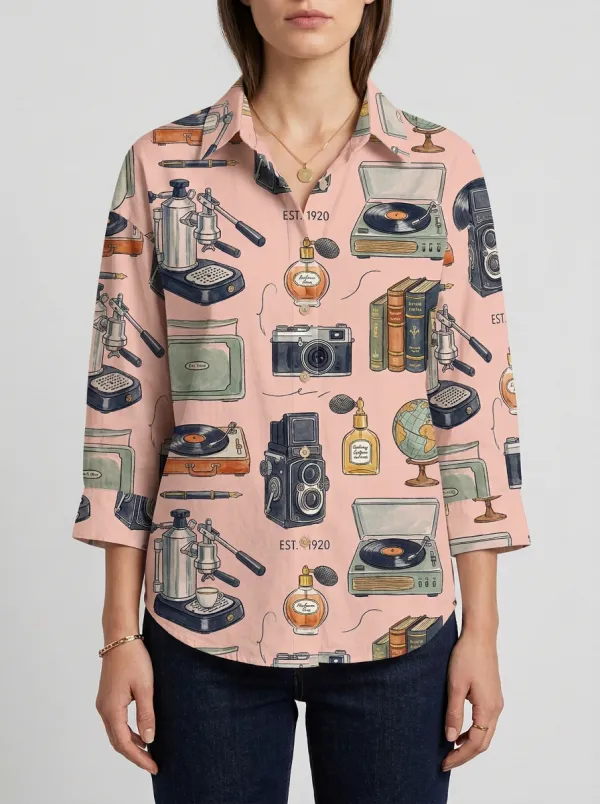 Women's Vintage Camera Record Player Graphic Shirt