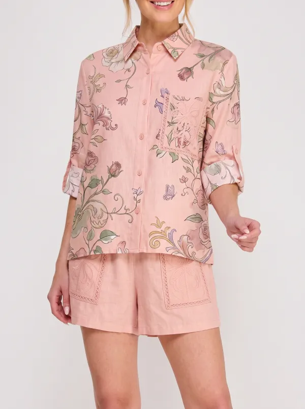 Women's Floral Butterfly Botanical Printed Button-Down Shirt
