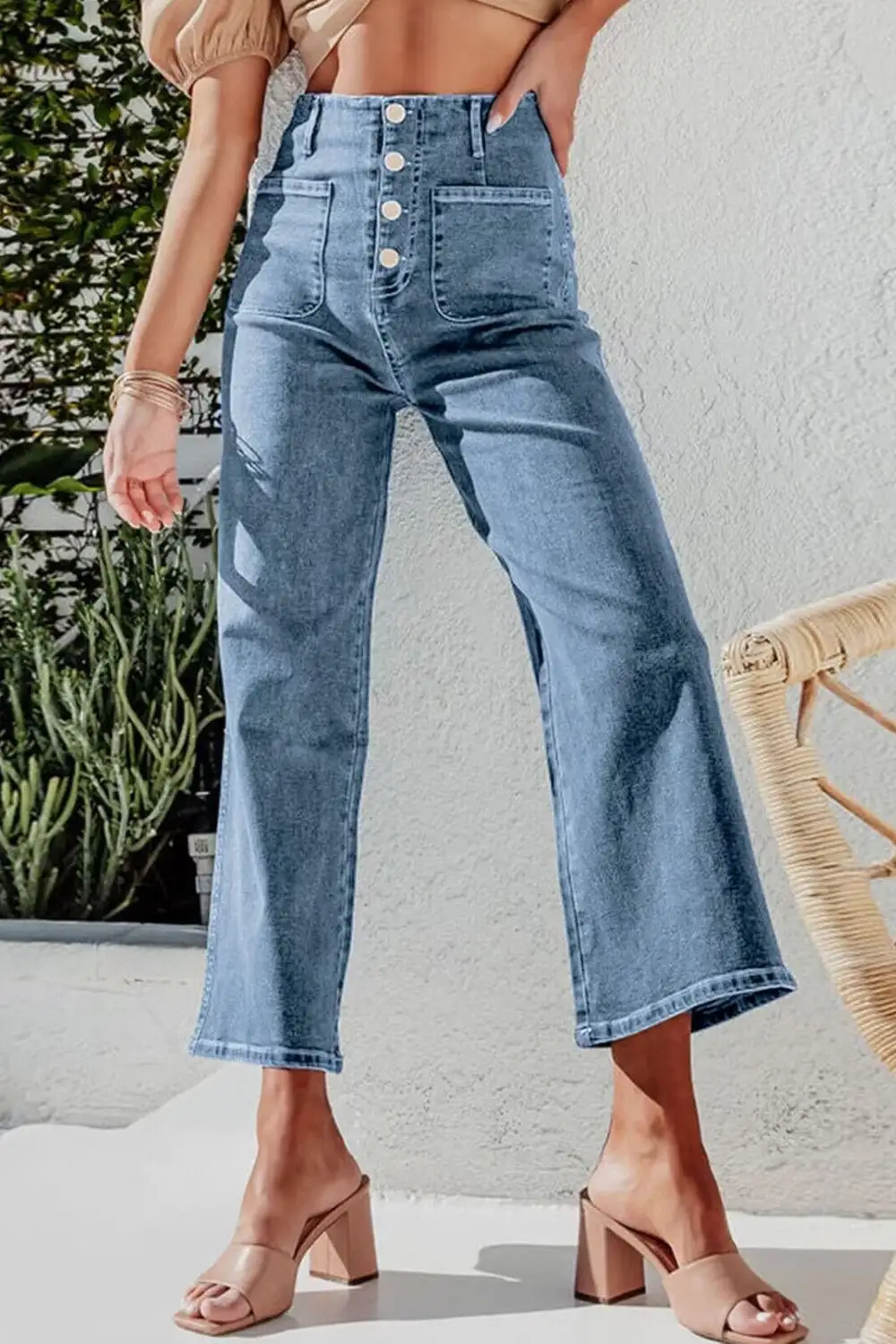 Soft Wide Leg Button Denim Jeans