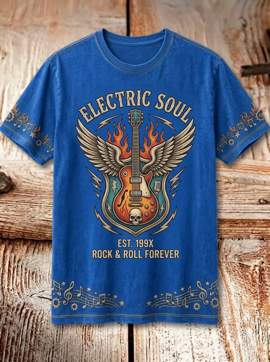 Unisex Rock Music Lover Electric Guitar Winged Skull Printed T-shirt