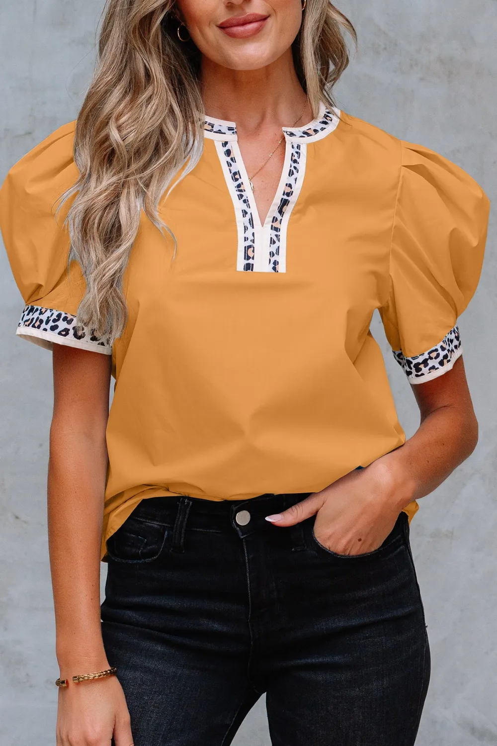 Leopard Print Puff Sleeve Split Neck Blouse