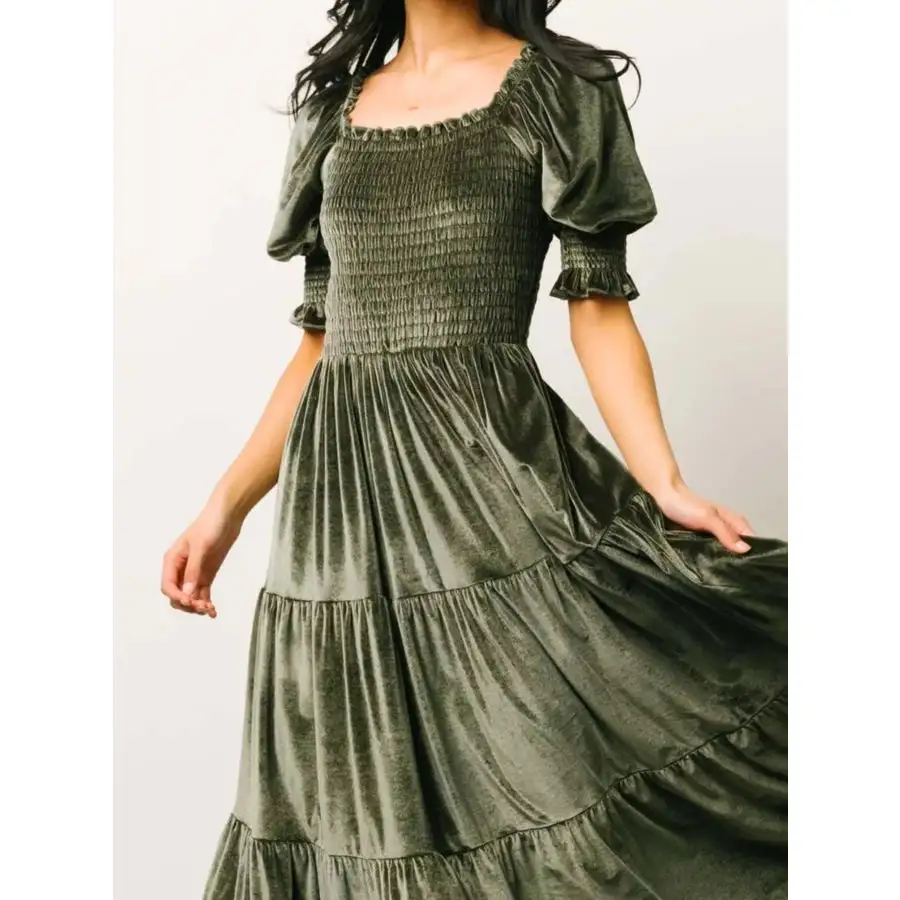 Velvet Smocked Tiered Midi Dress