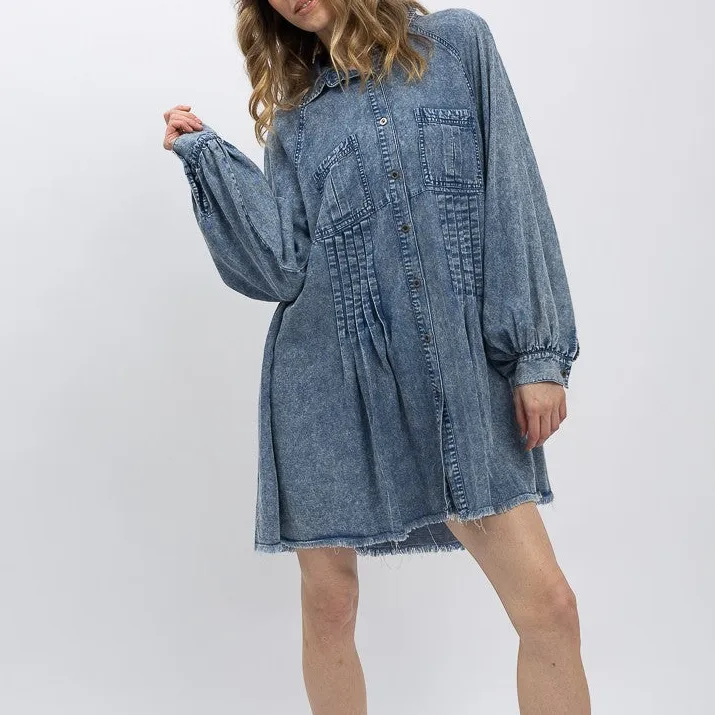 Denim Velvet Detail Balloon Sleeve Babydoll Dress