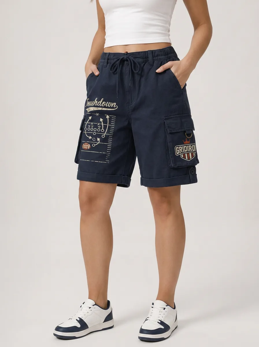 Women's Football Fan Touchdown Play Gridiron Printed Cargo Shorts