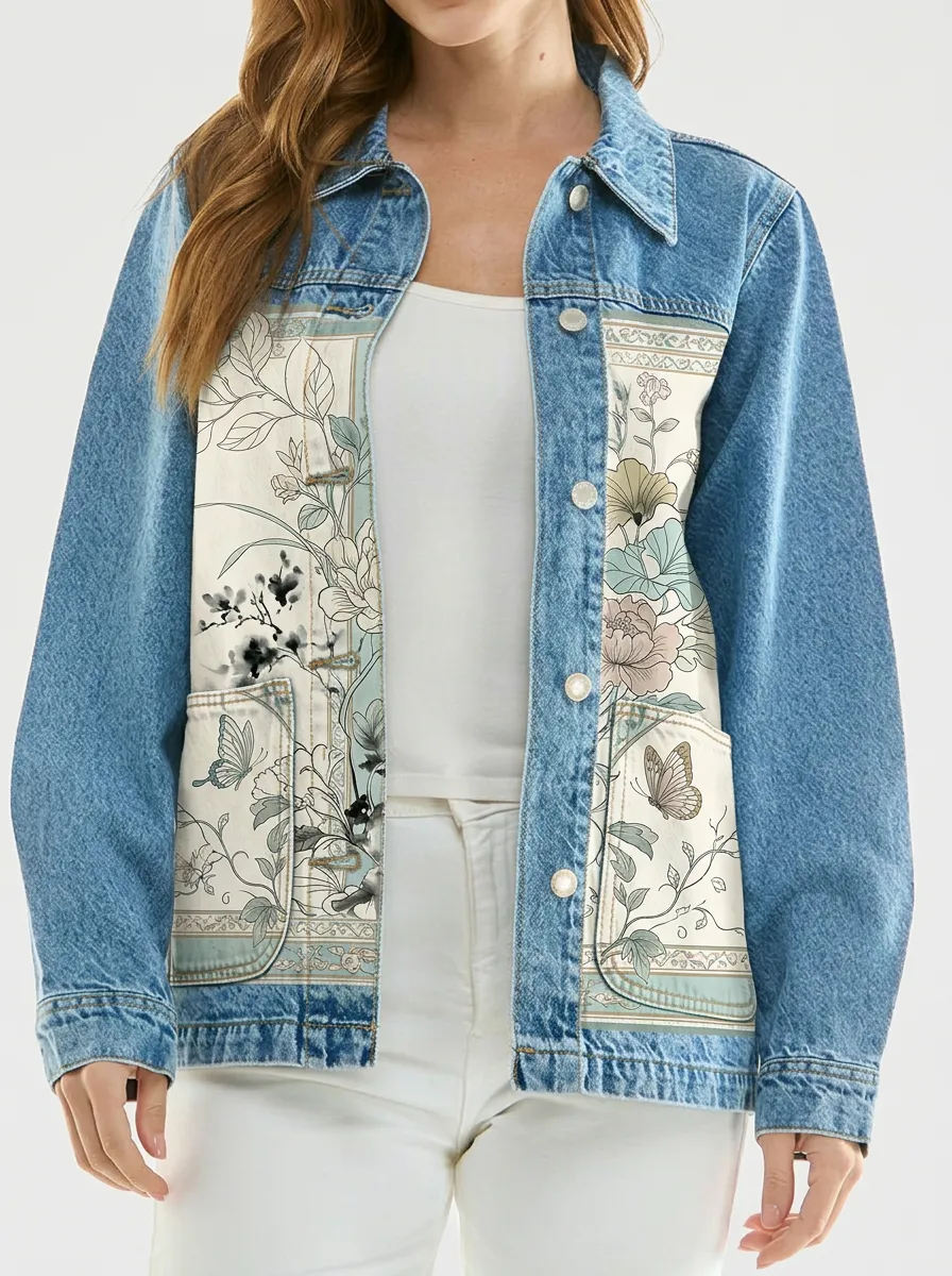 Women's Mixed Media Floral Butterfly Botanical Denim Jacket