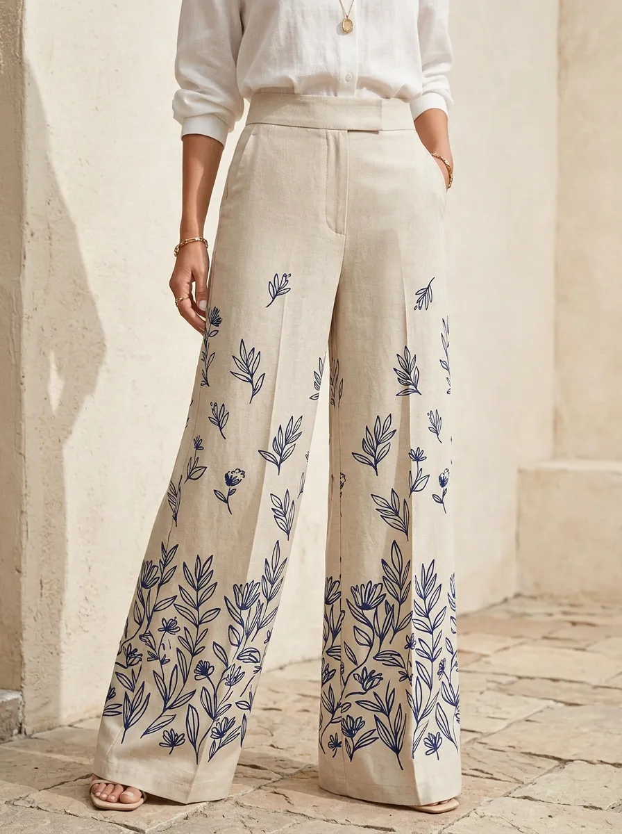 Women's Botanical Floral Blue Ink Patterned High-Waisted Wide-Leg Pants
