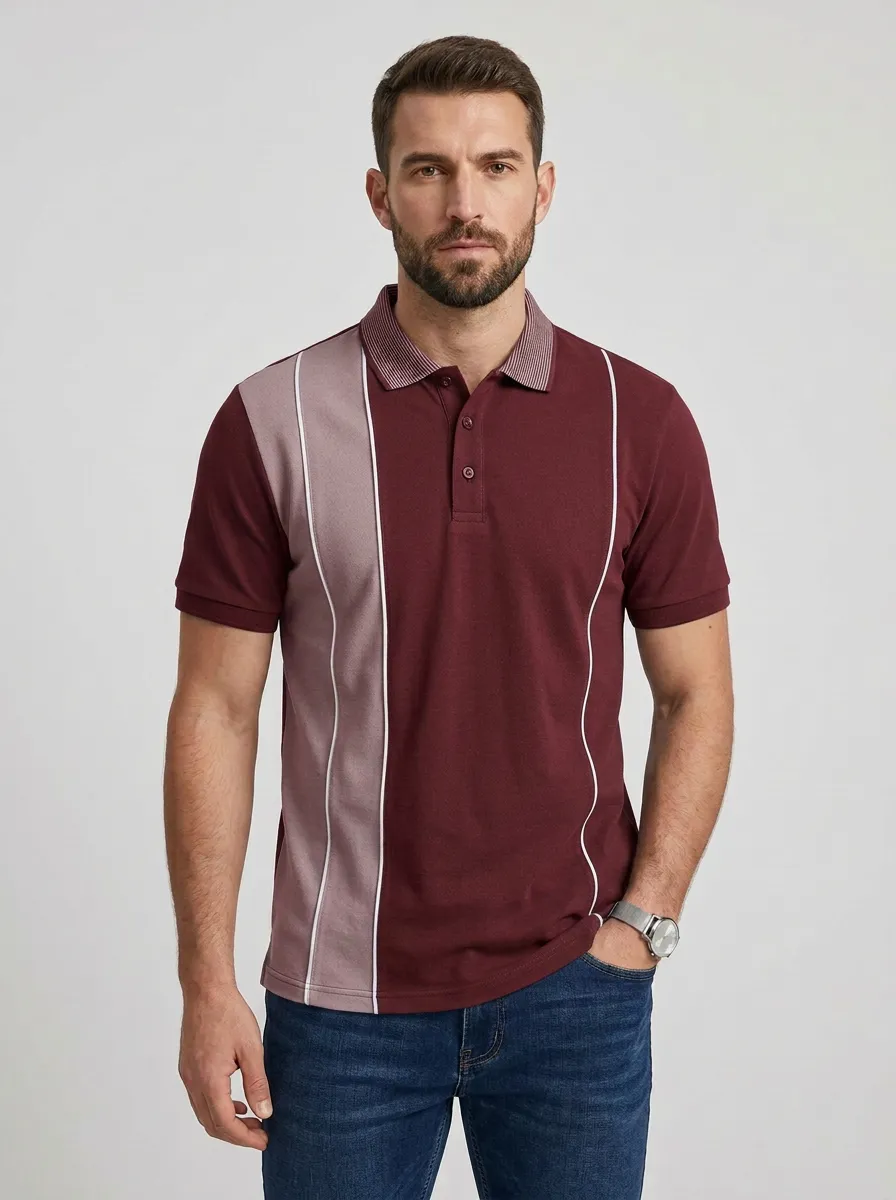 Men's Casual Fashion Colorblock Vertical Striped Printed Polo Shirt