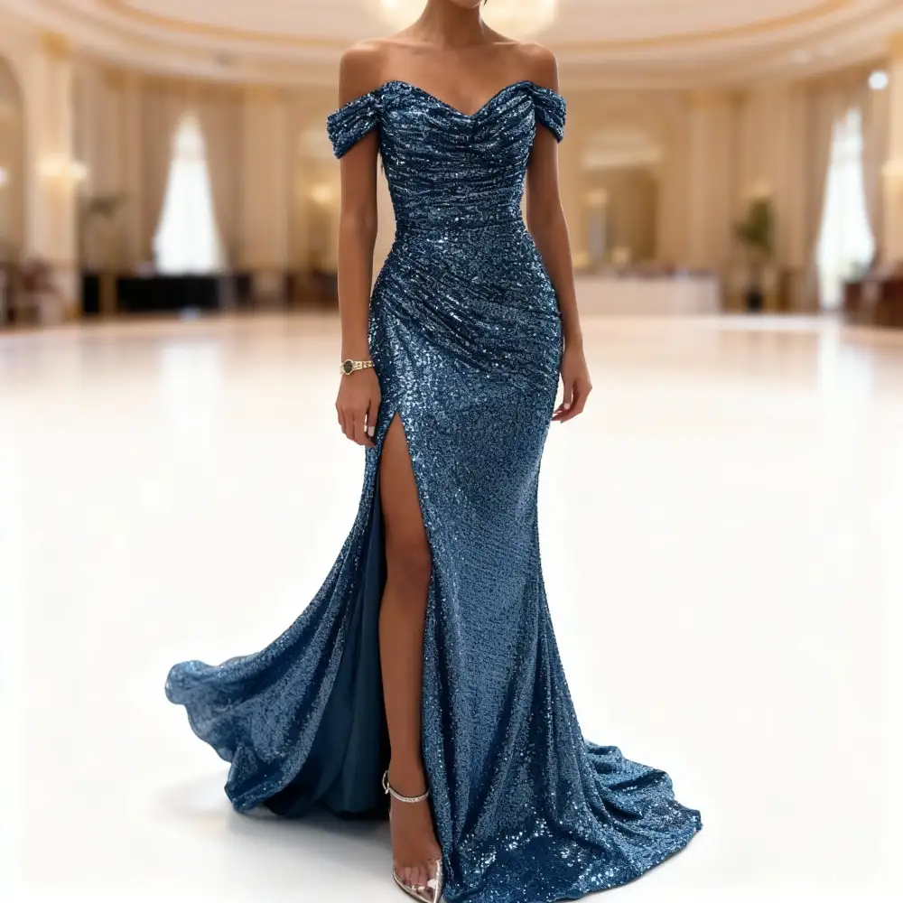 Women's Bodycon Off-Shoulder Sequin Slit Dress