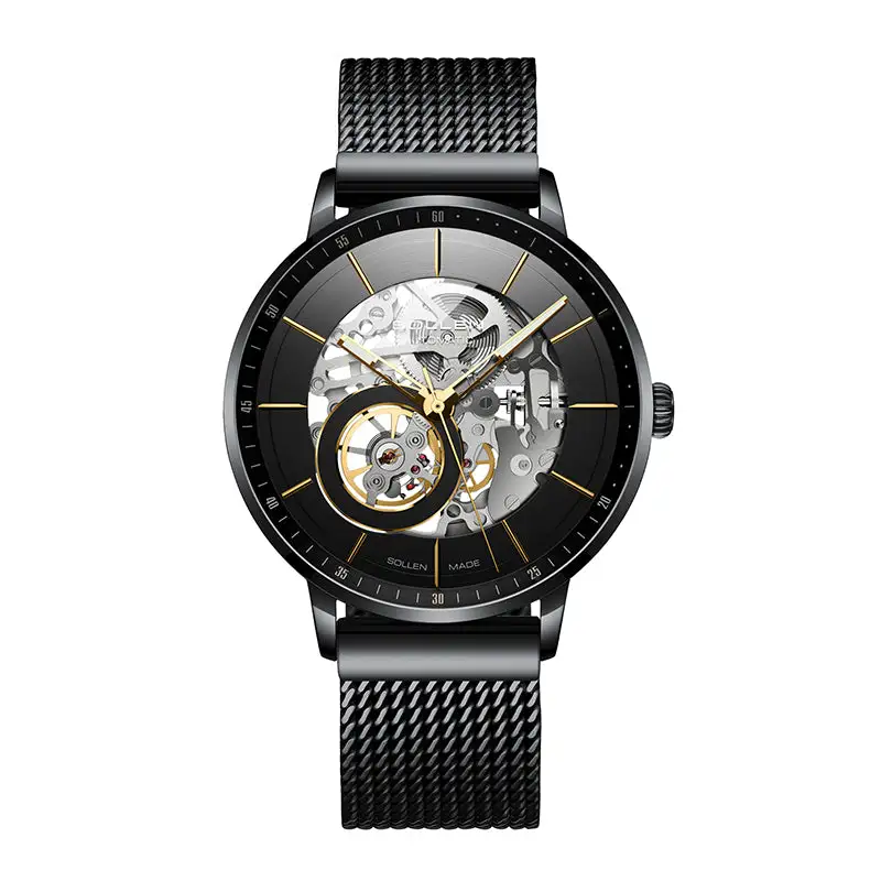 Sollen SL316 Men's Open Heart Full Skeleton Automatic Mechanical Watch - 42mm Stainless Steel Case Slim 9.9mm Acrylic Dial Wristwatch