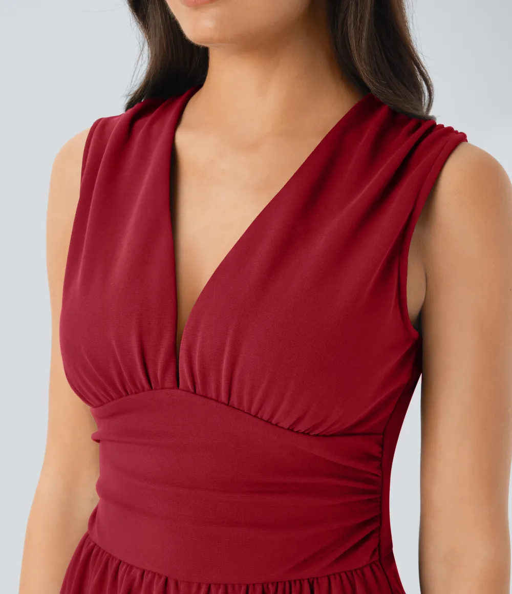 SculptKnit V Neck Sleeveless Ruched Pocket Jumpsuit-Easy Peezy