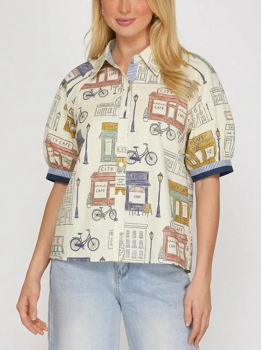 Women's City Cafe Bicycle Street Scene Printed Blouse