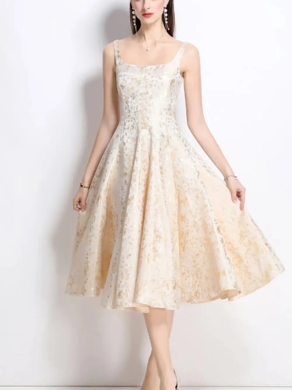 Textured Detail Floral Sleeveless Midi Dress