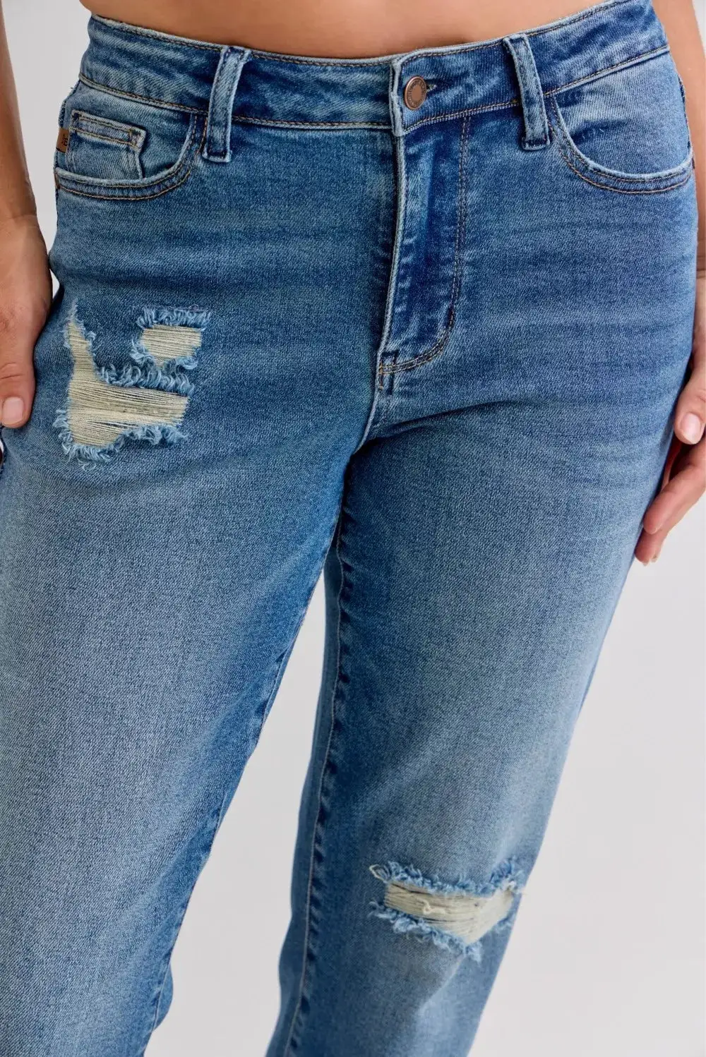 Mid Rise Raw Hem Distressed Boyfriend Jeans