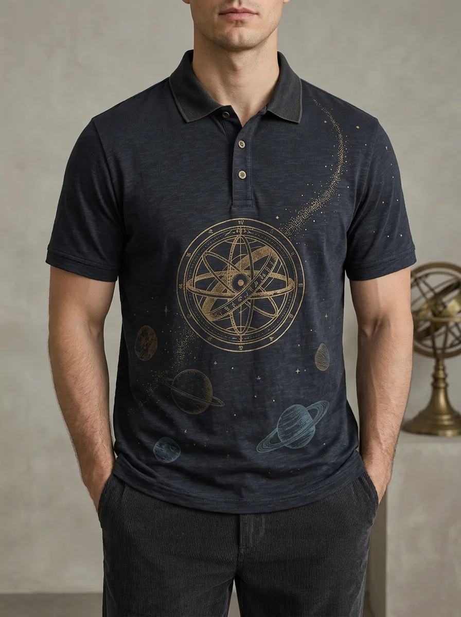 Men's Astronomy Lover Celestial Planet Printed Polo Shirt Relaxed Daily Style