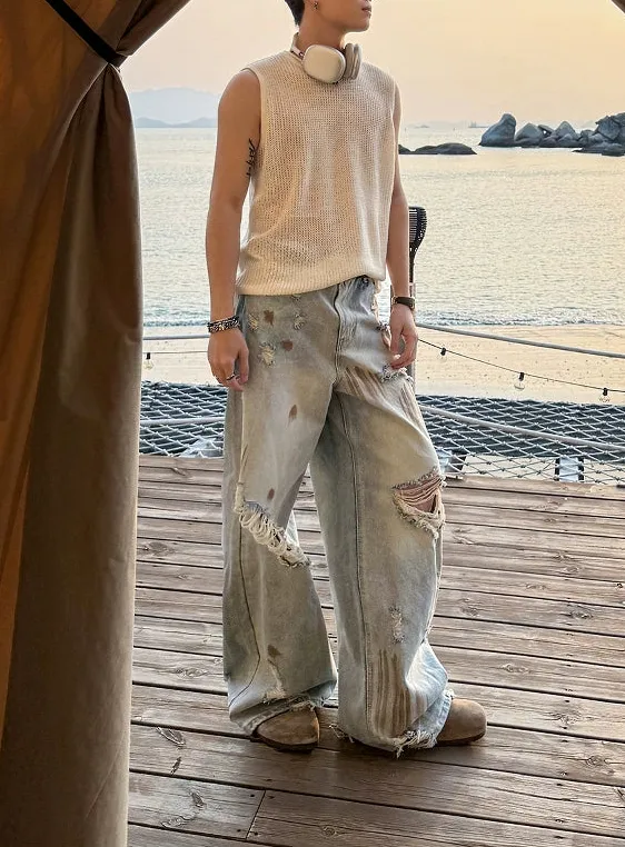 Wide-Leg Distressed Heavy-Distress Jeans
