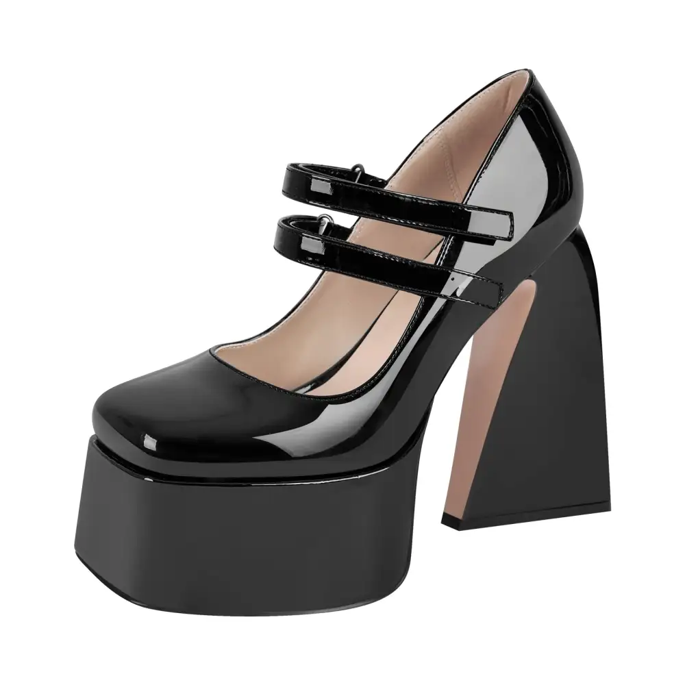 Modern Patent Finish Square Toe Platform Chunky Heel Pumps