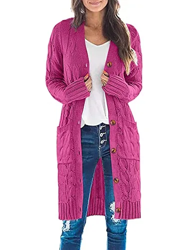 Womens Long Sleeve Cable Knit Long Cardigan Open Front Button Sweater Outerwear