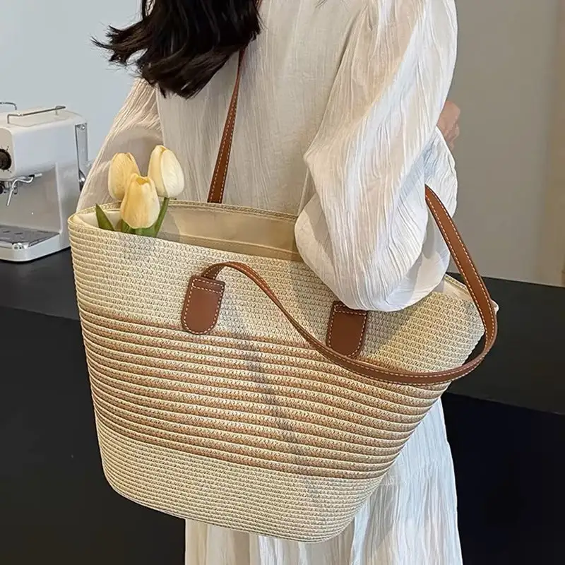 Structured Utility Straw Tote Bag