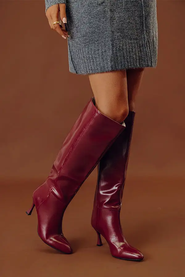 Faux Leather Pointed Toe Cushioned Footbed Knee High Boots