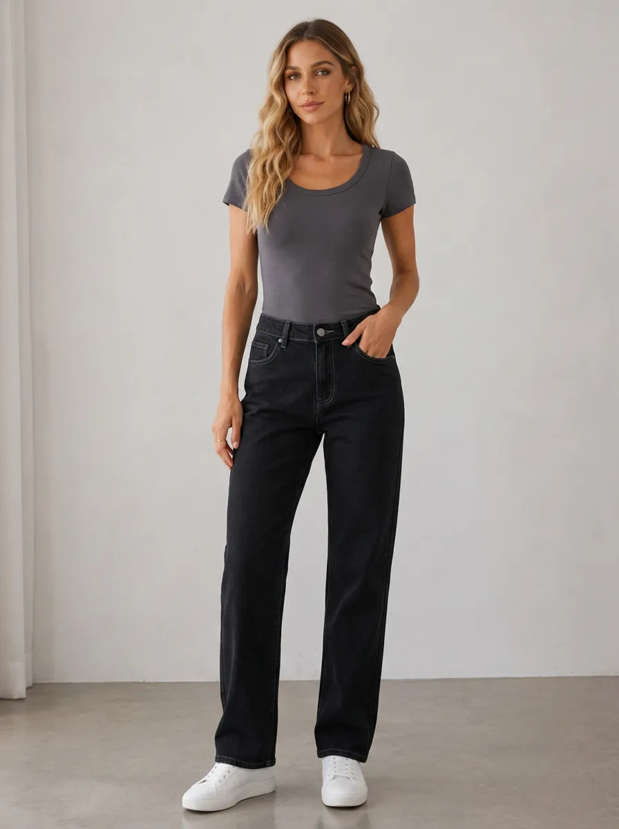 Women's Casual Minimalist Solid Black Denim Straight Leg Jeans
