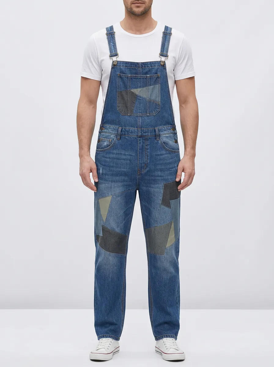 Patchwork Denim Patch Pocket Overalls
