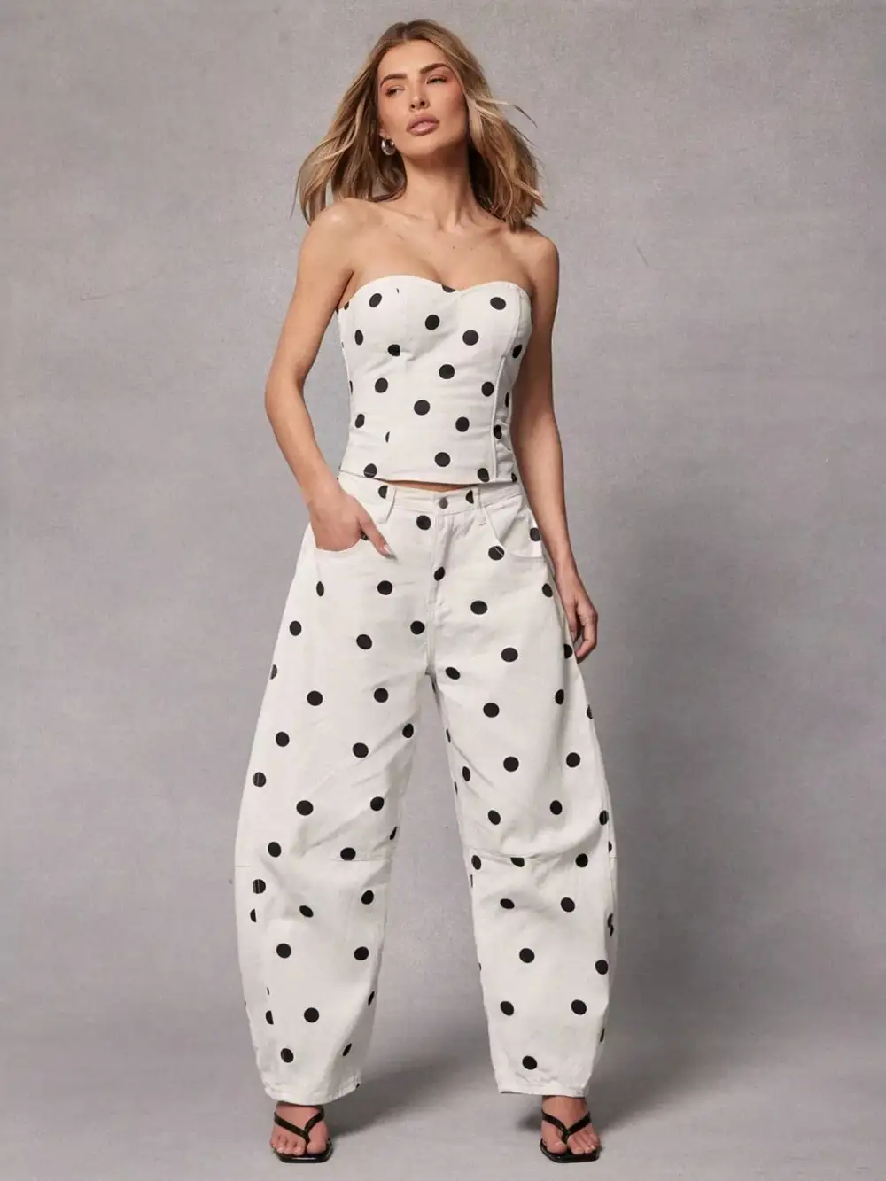 Denim Polka Dot Wide Leg Pocketed Jeans