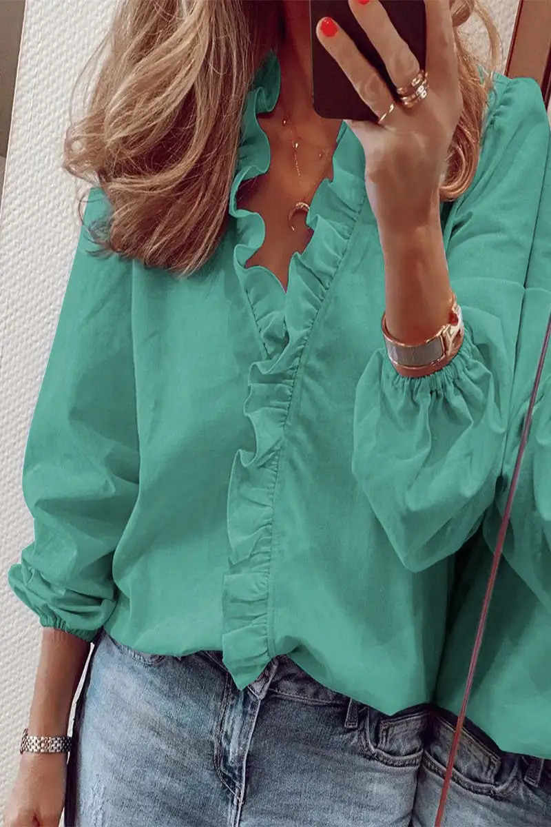 Ruffled Smooth V-Neck Blouse