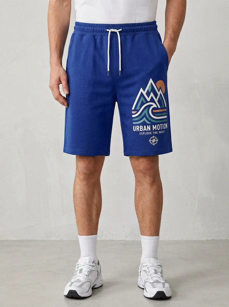 Men's Mountain Compass Wave Drawstring Printed Sweat Shorts