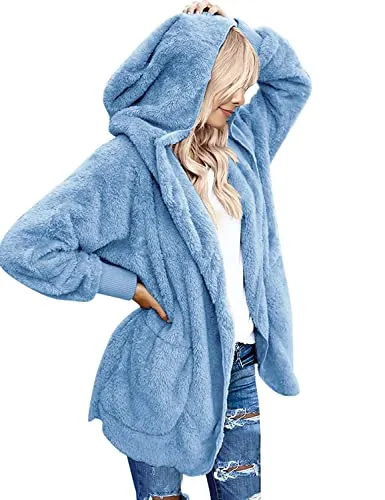 Womens Fuzzy Fleece Open Front Hooded Cardigan Jackets Sherpa Coat with Pockets