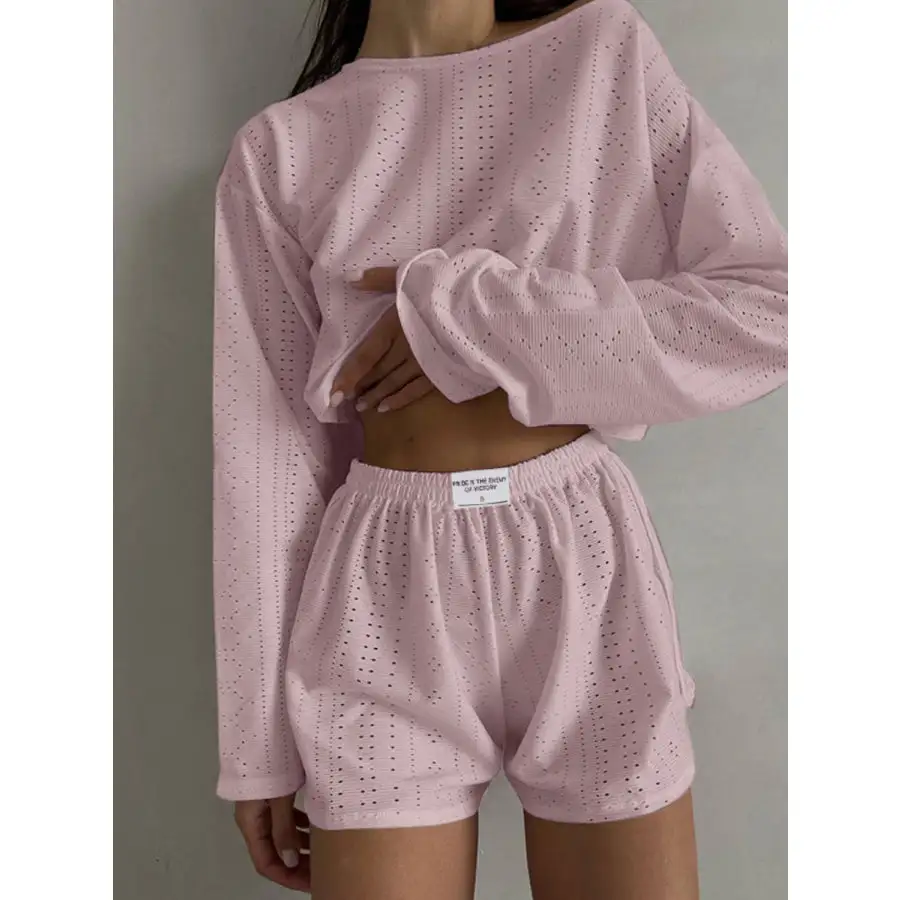 Relaxed Eyelet Round Neck Top and Shorts Set