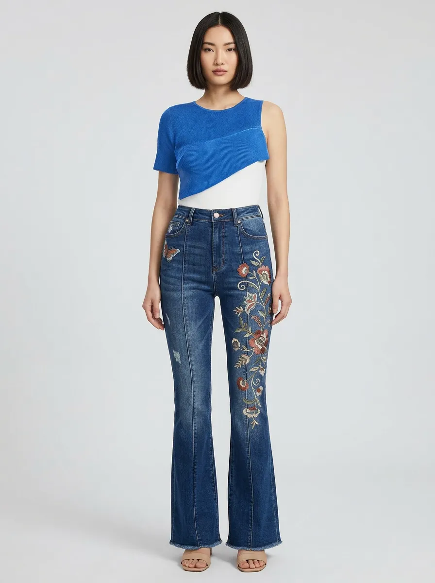 Women's Floral Butterfly Embroidered Denim Printed Flare Jeans