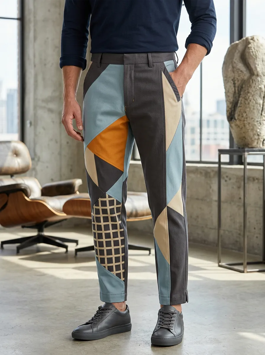 Men's Geometric Colorblock Grid Pattern Printed Pants