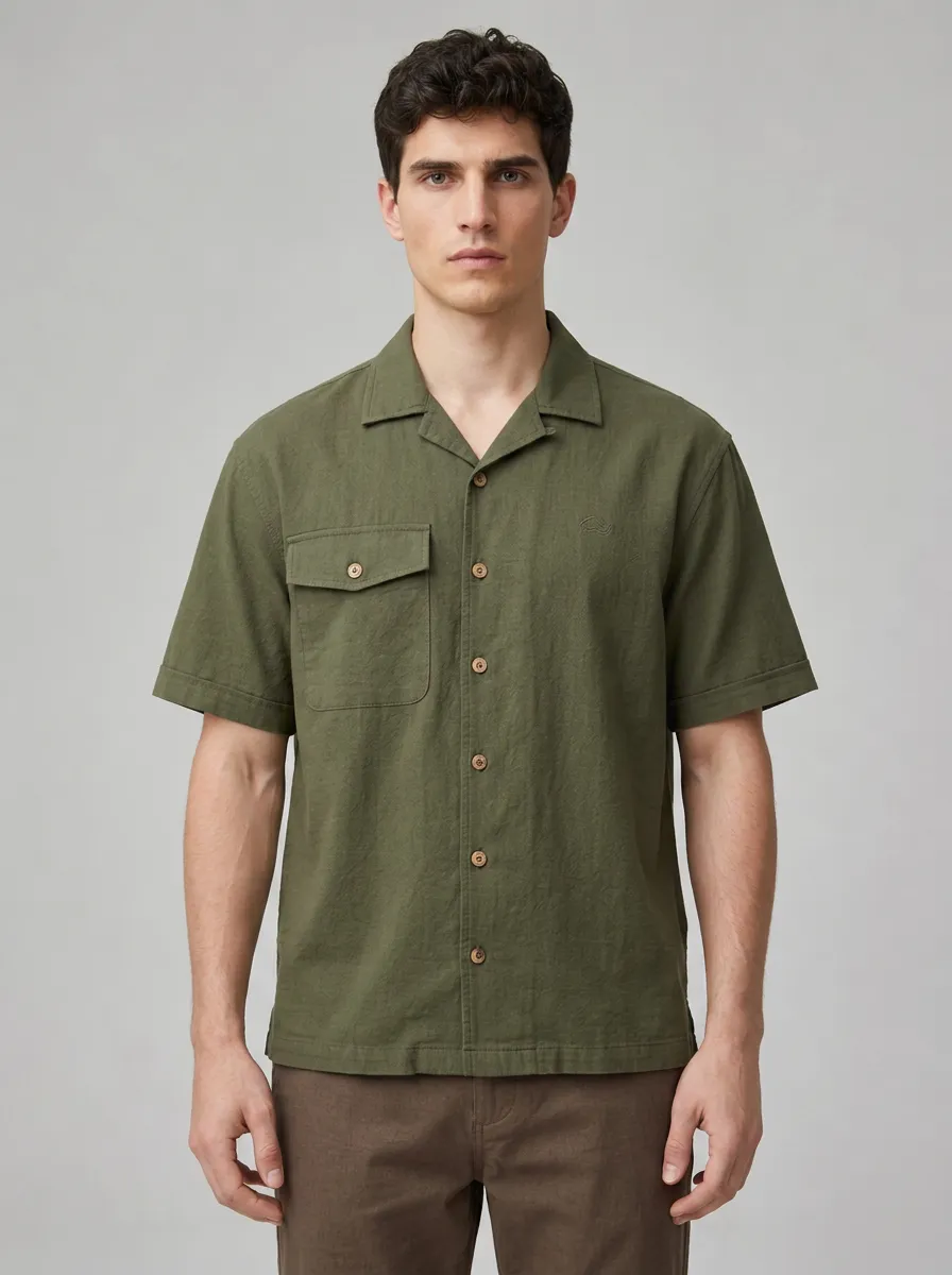 Men's Olive Green Camp Collar Short Sleeve Shirt
