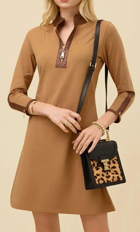 Tan Half Zip Vegan Leather Midi Dress