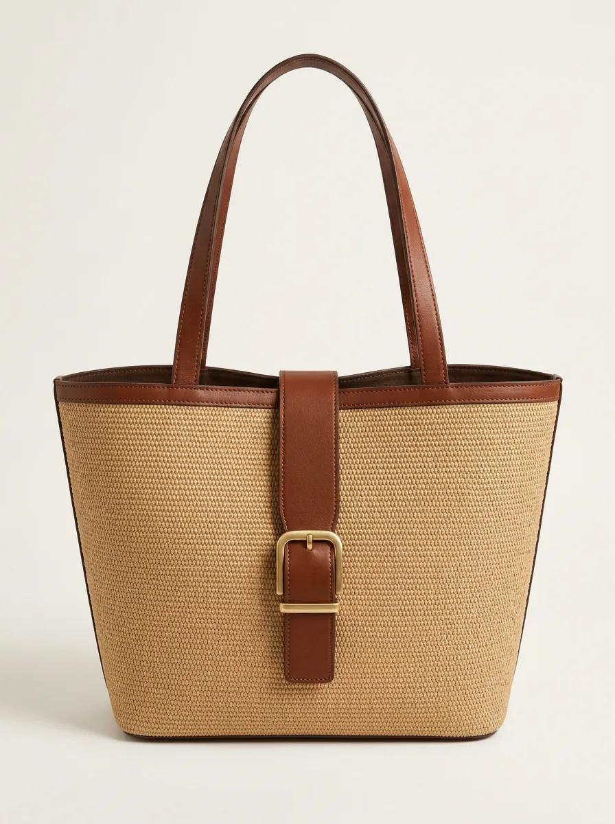 Straw-Style Textured Buckle Women's Tote Bag