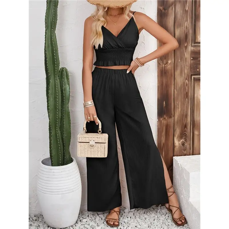 Refined Striped Ruffle Tank Top And Straight Leg Pants Set