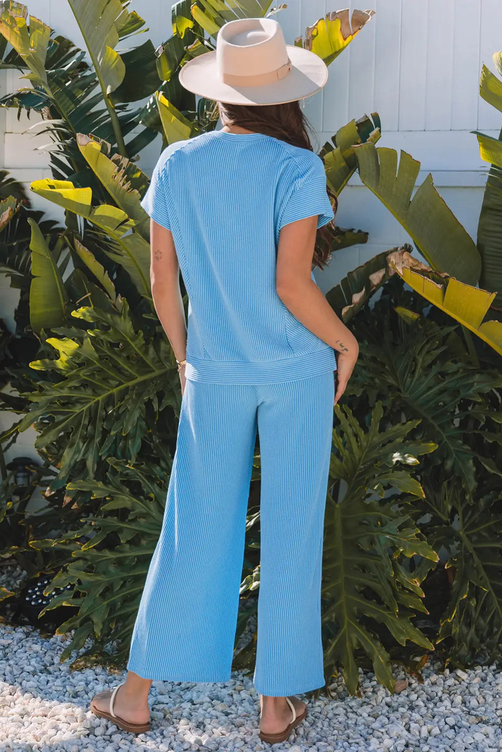 Women's Solid Corded Knit Short Sleeve T Shirt and Wide Leg Pants Coordinated Set