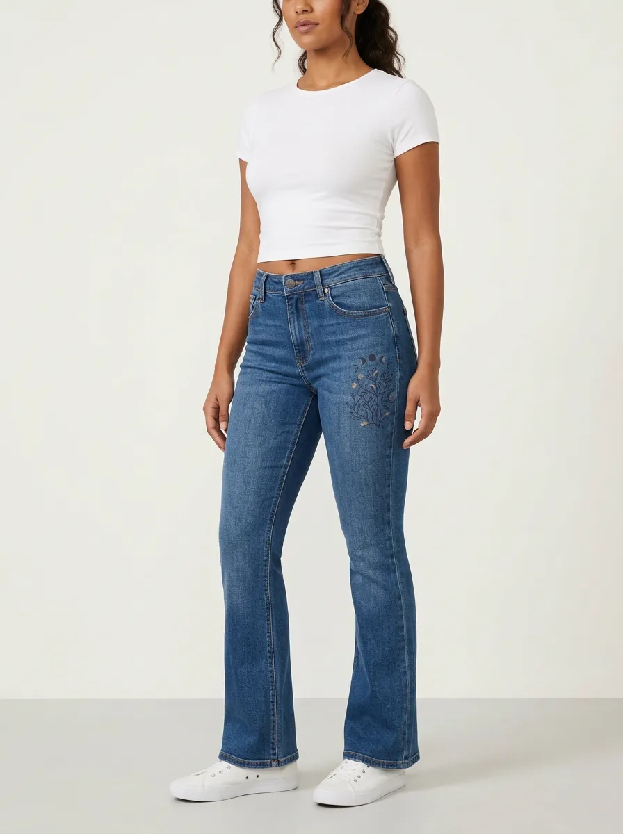 Women's Celestial Floral Embroidered High-Rise Bootcut Jeans