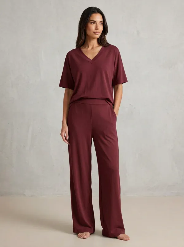 Women's Drop-Shoulder V-Neck Top And Wide-Leg Trouser Lounge Set
