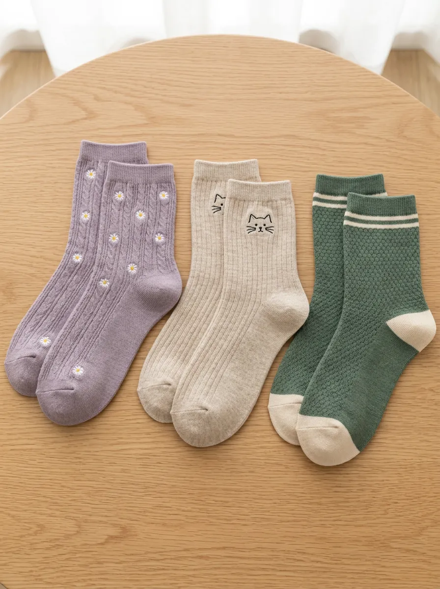 Women's Daisy Cat Floral Patterned Cotton Crew Socks Set