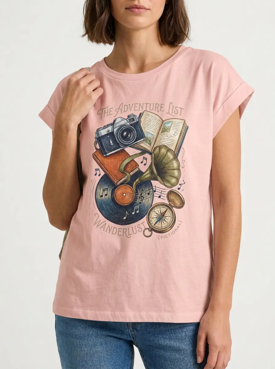 Women's Travel Adventure Wanderlust Camera Book Compass Graphic T-Shirt